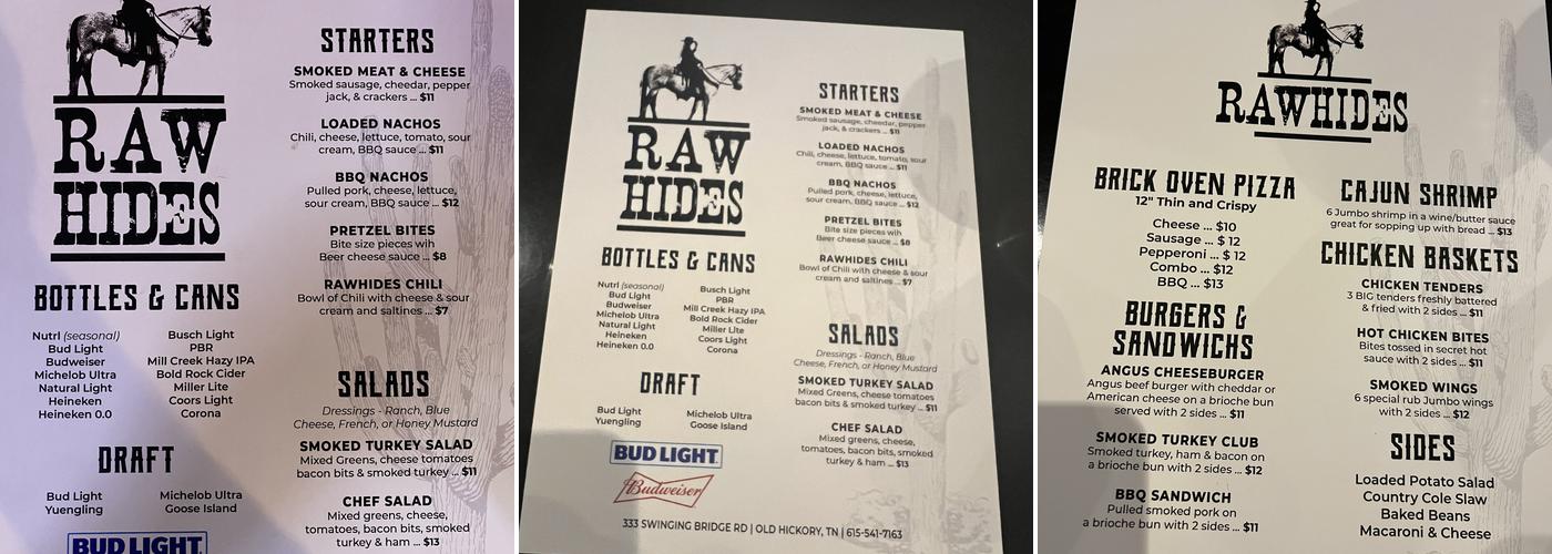 Rawhides Menu