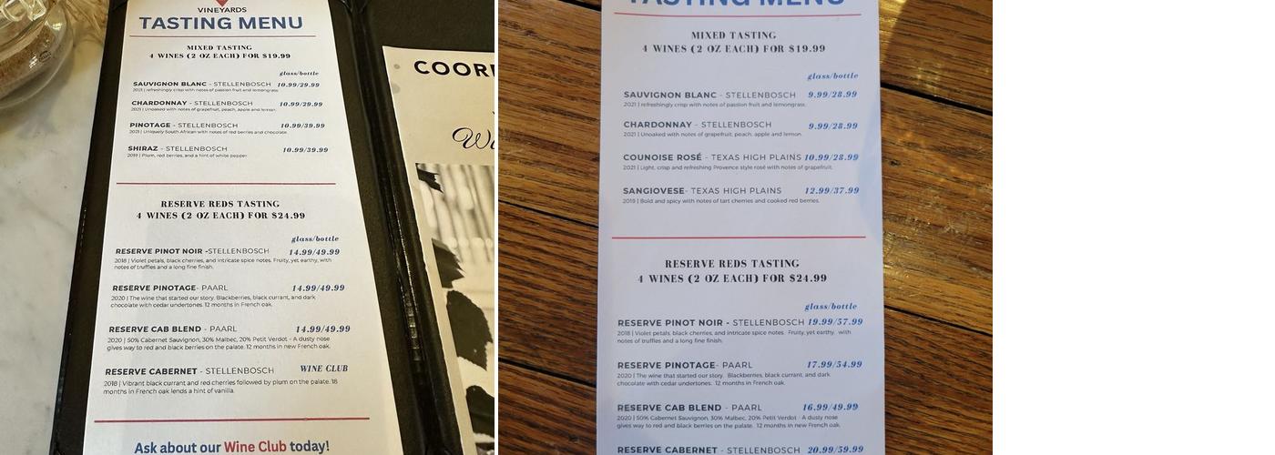 Coordinates Vineyards Menu