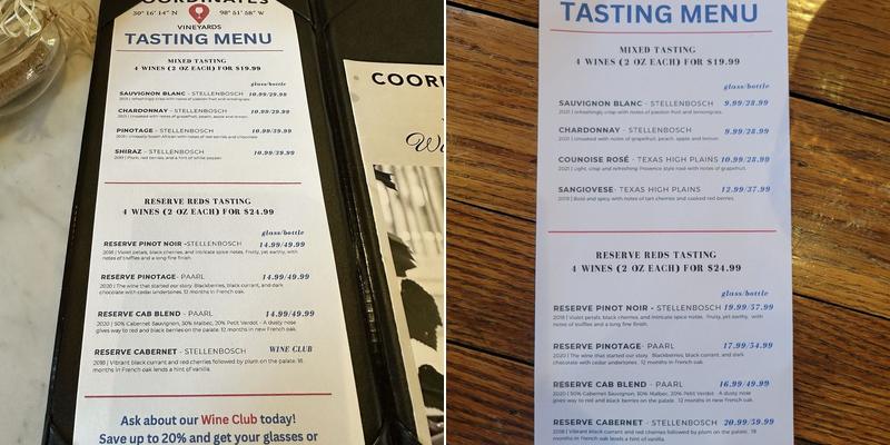 Coordinates Vineyards Menu
