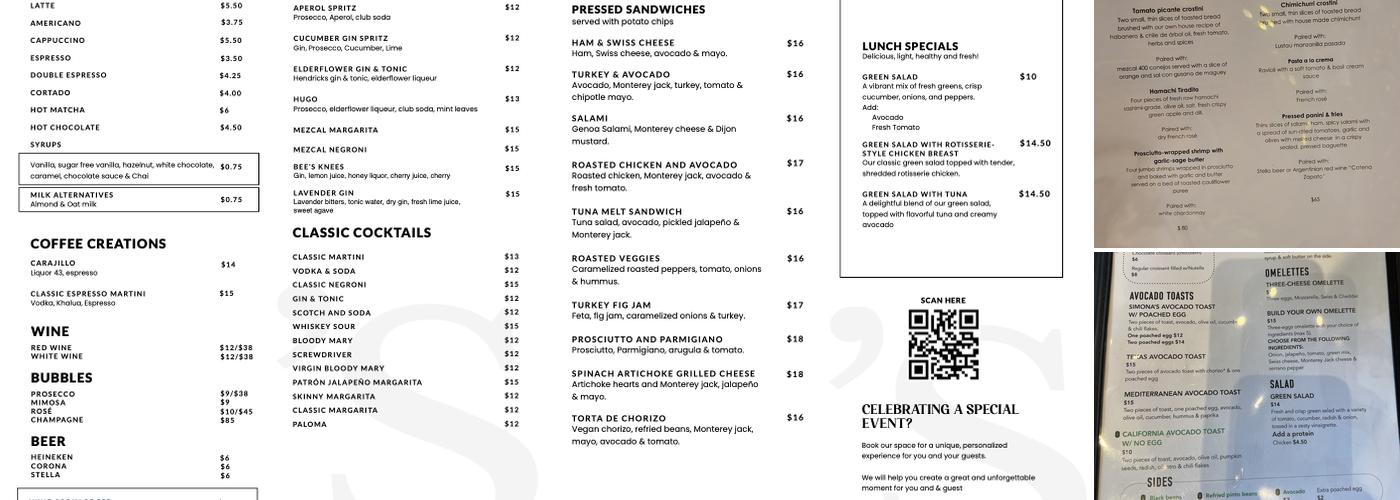 Simona's Bistro Menu