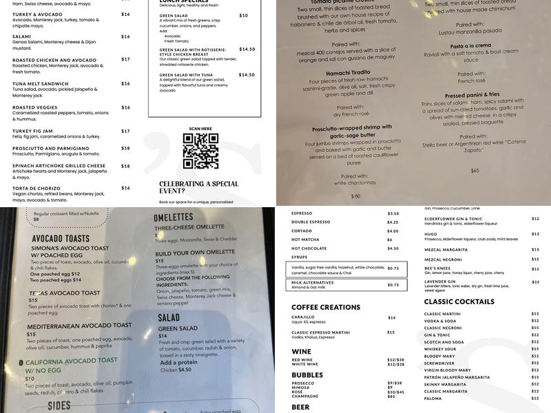 Simona's Bistro Menu