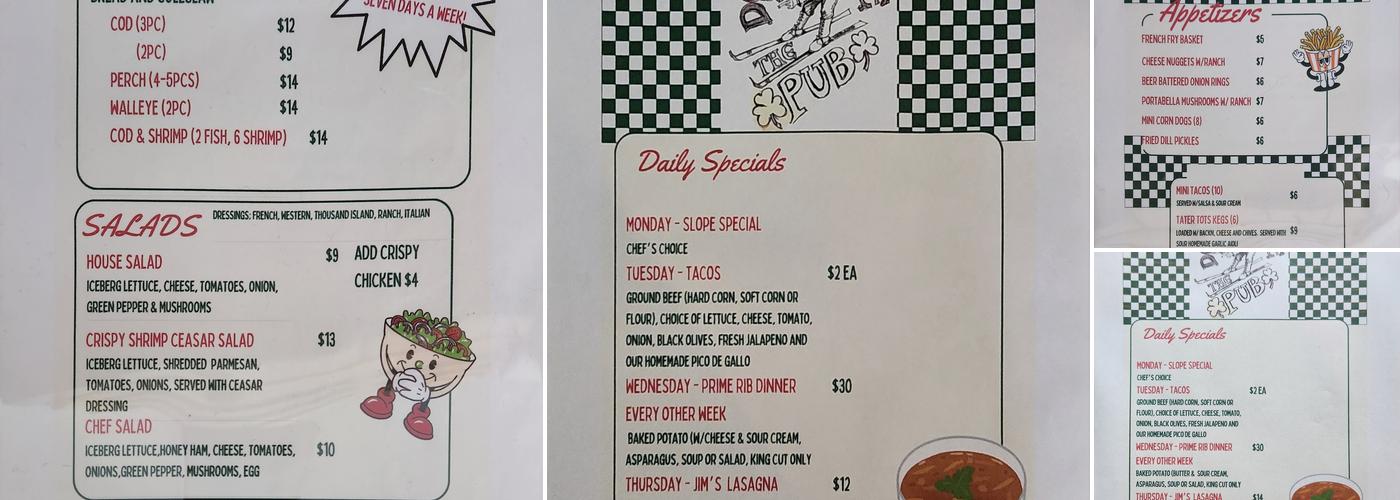 Down Slope Pub Menu