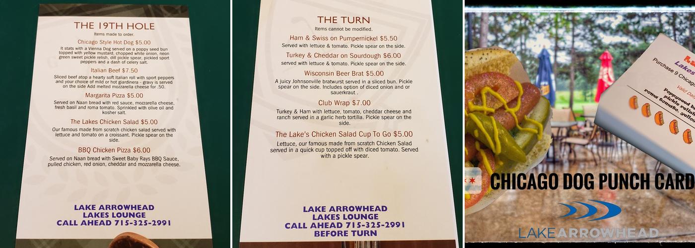 The Lakes Lounge, Lake Arrowhead Menu
