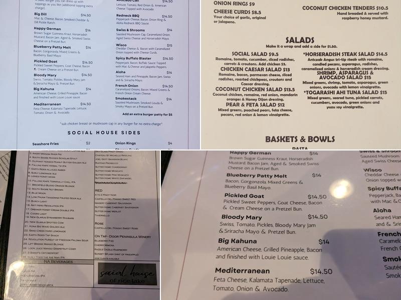 The Social House Of Rice Lake Menu