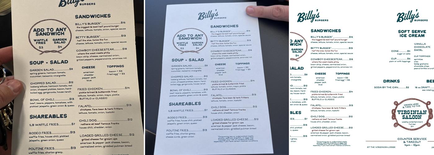 Billy's Burgers Menu