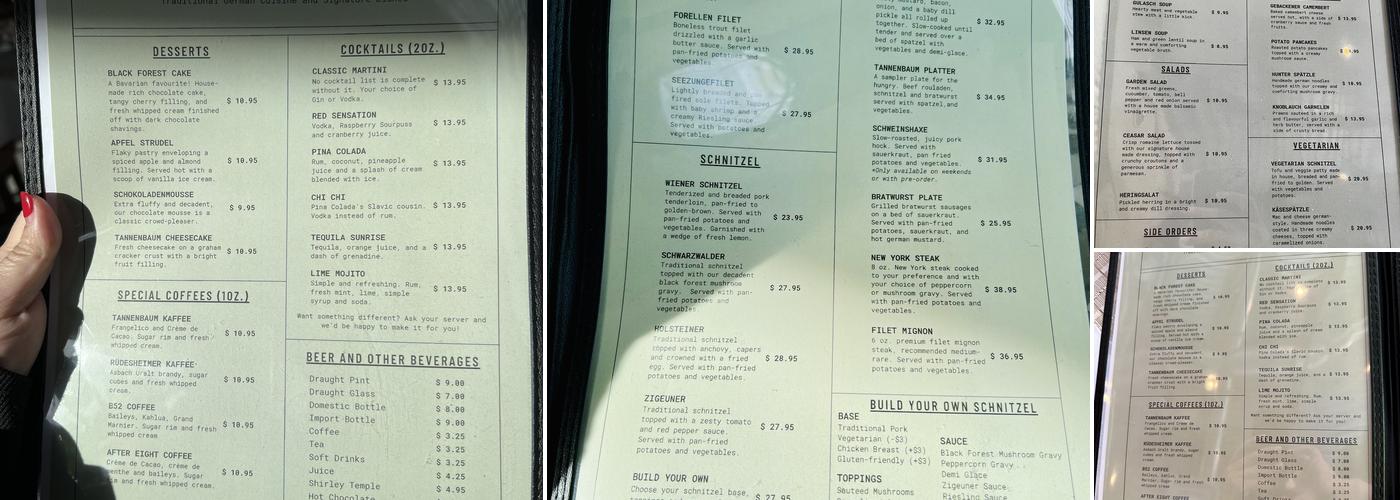 The Tannenbaum Restaurant Menu