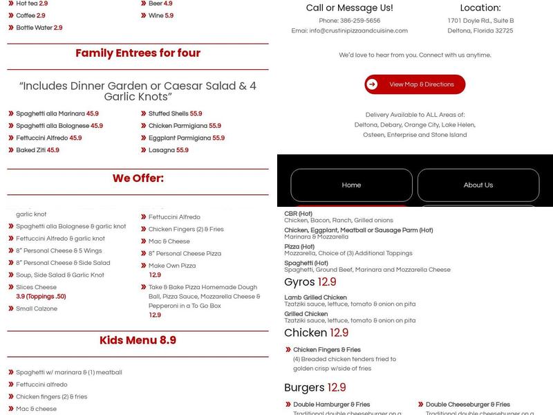 Crustini Pizza & Cuisine Menu