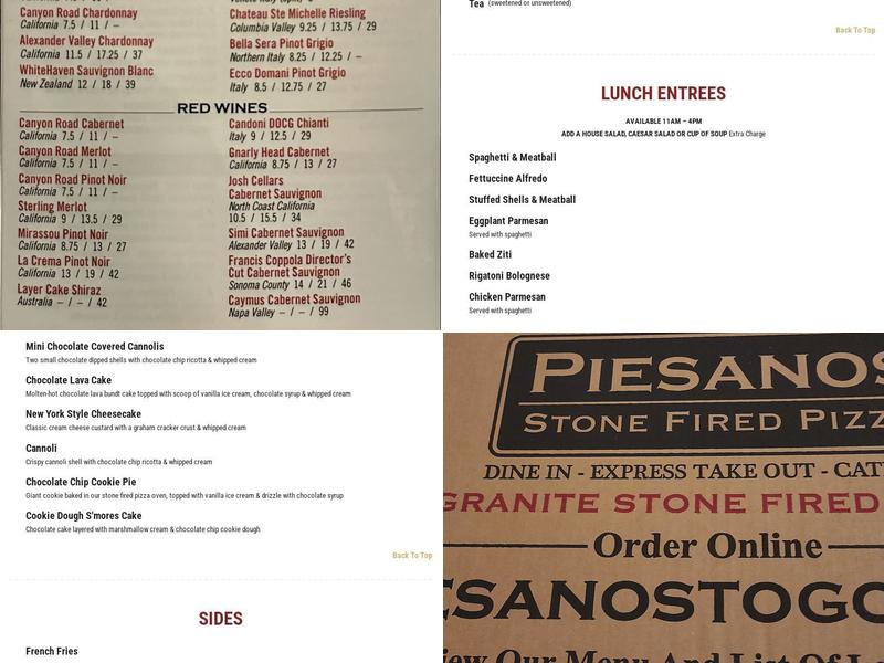 Piesanos Stone Fired Pizza Menu
