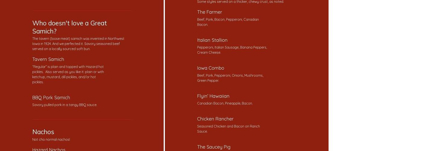 Hazard Tavern Menu