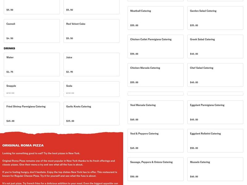 Original Roma Pizza Menu