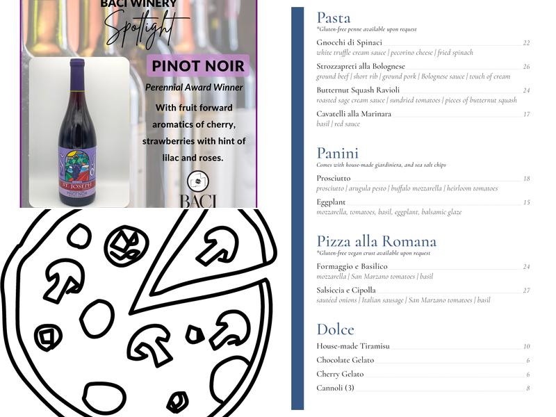 Baci Winery Menu