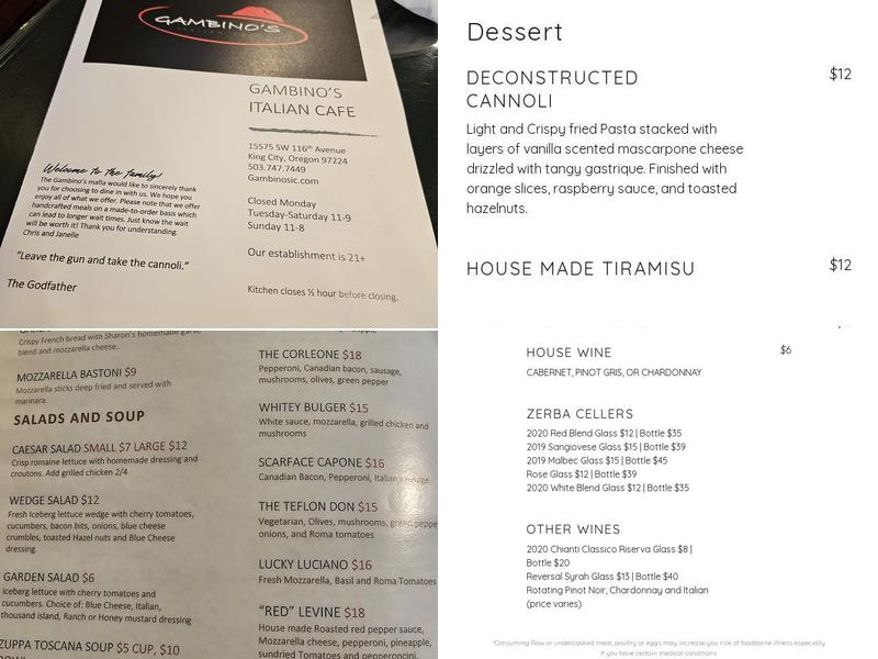 Gambino’s Italian Cafe Menu
