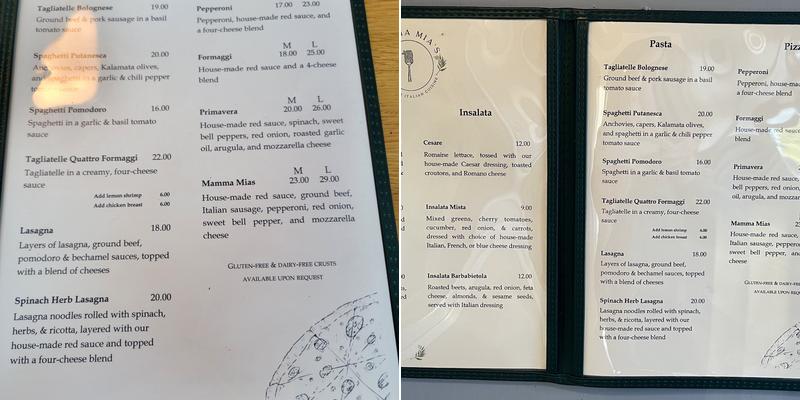 Mama Mia’s Hand Made Italian Cuisine Menu