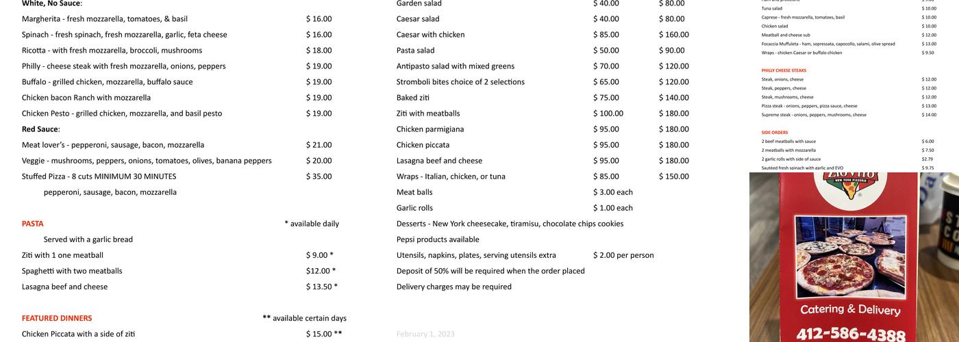 Zio Vito New York Pizzeria Menu