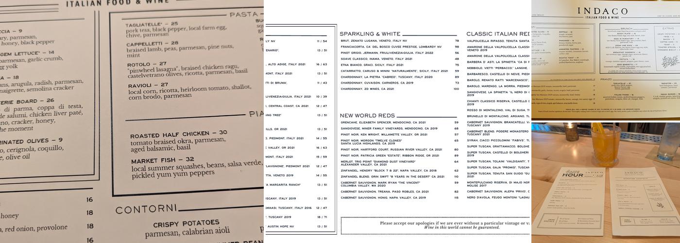 Indaco Menu