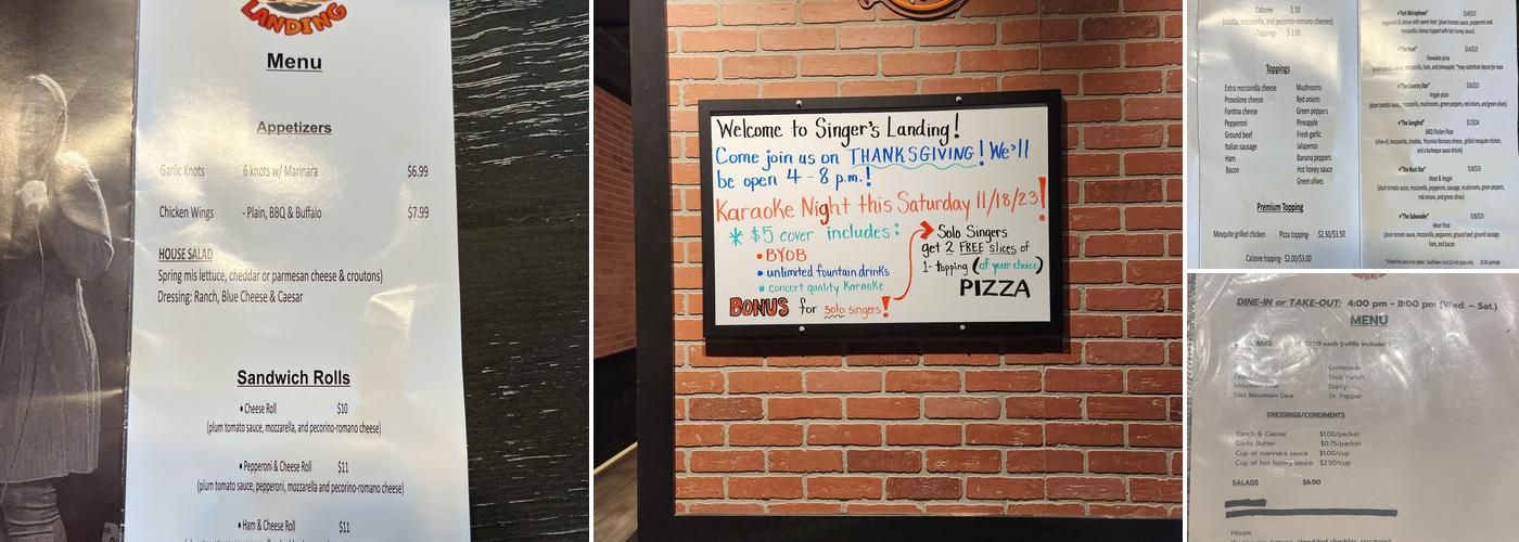 Singer's Landing, LLC Menu