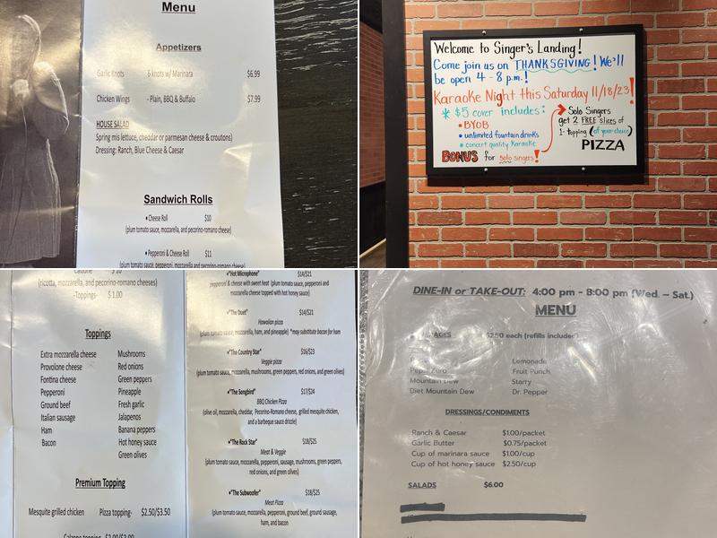 Singer's Landing, LLC Menu