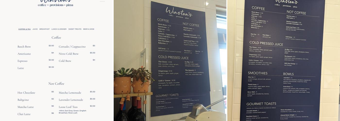 Winston's : coffee + provisions + pizza Menu