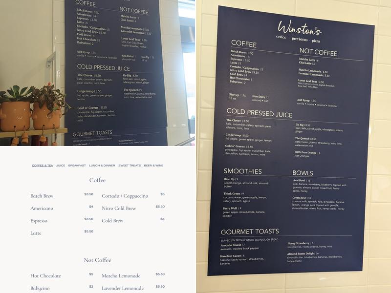 Winston's : coffee + provisions + pizza Menu
