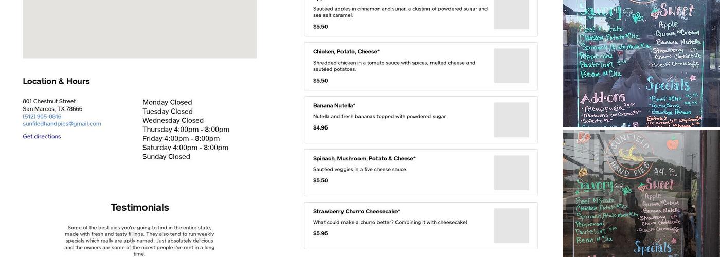 Sunfield Hand Pies Menu