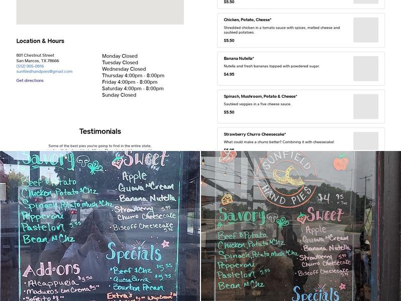 Sunfield Hand Pies Menu