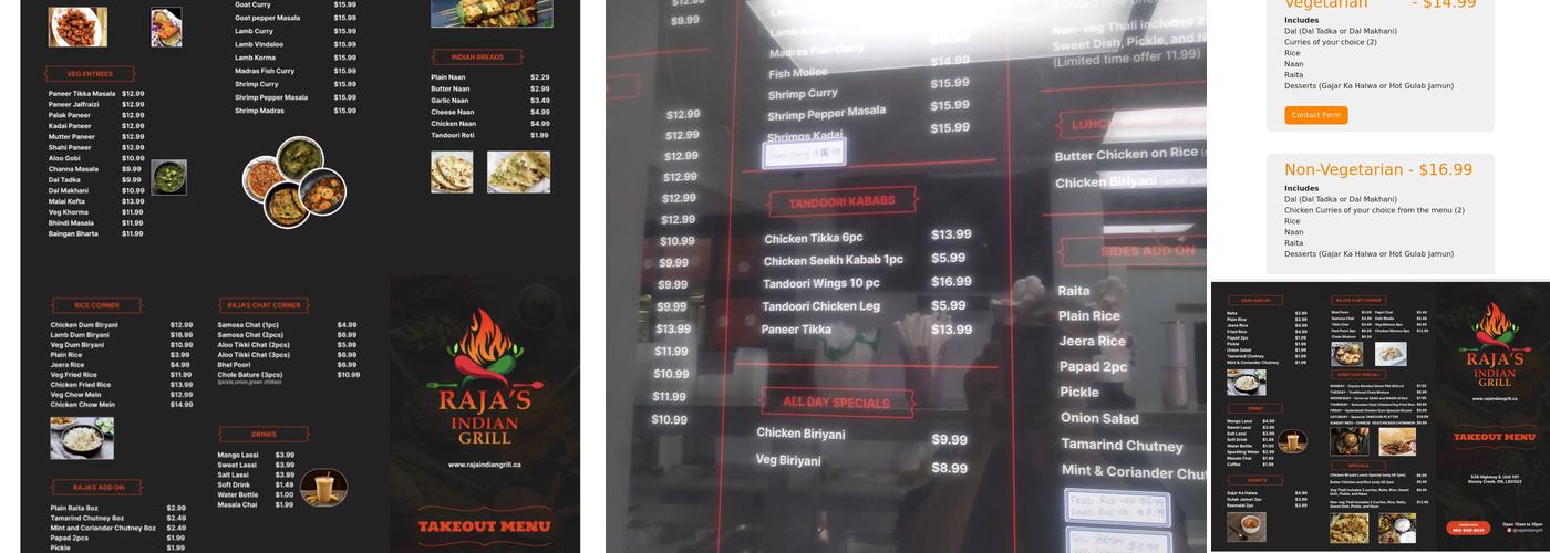 Raja's Indian Grill. ( TAKE OUT RESTAURANT ONLY ) Menu