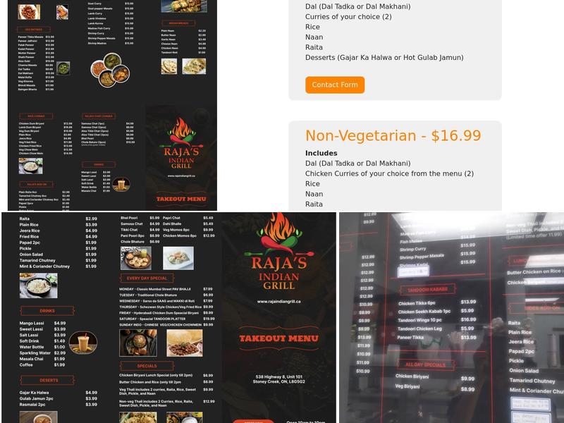 Raja's Indian Grill. ( TAKE OUT RESTAURANT ONLY ) Menu