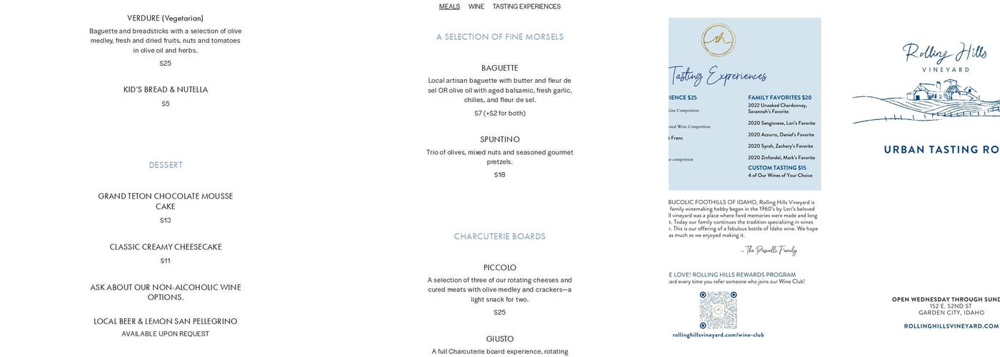 Rolling Hills Vineyard Urban Tasting Room Menu