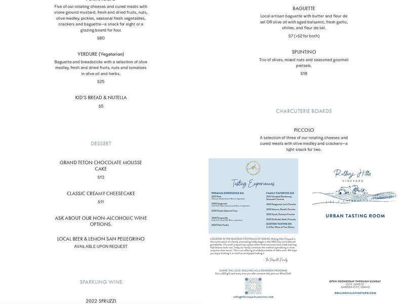 Rolling Hills Vineyard Urban Tasting Room Menu