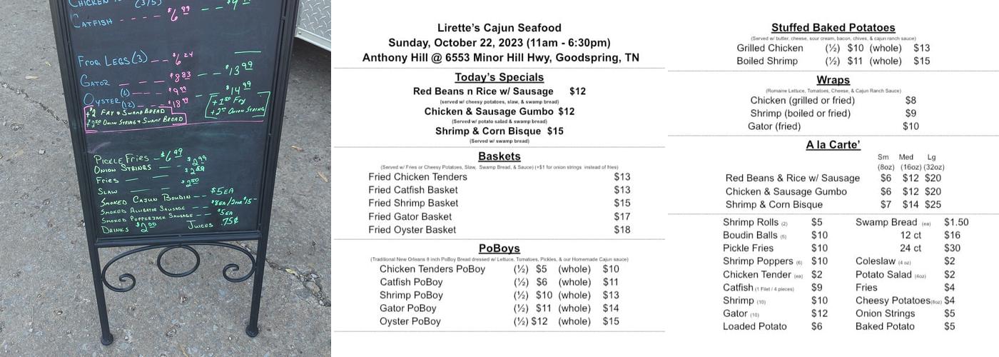 Lirette's cajun seafood Menu