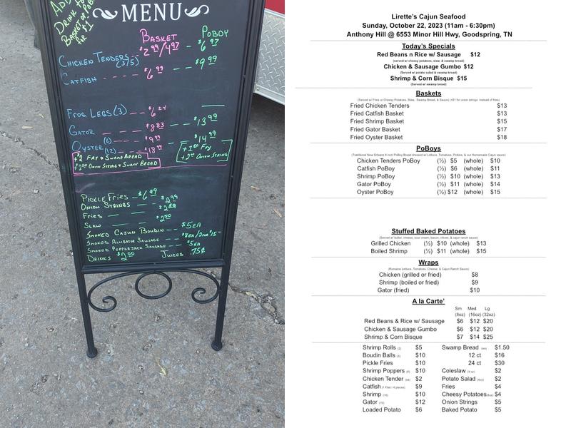 Lirette's cajun seafood Menu