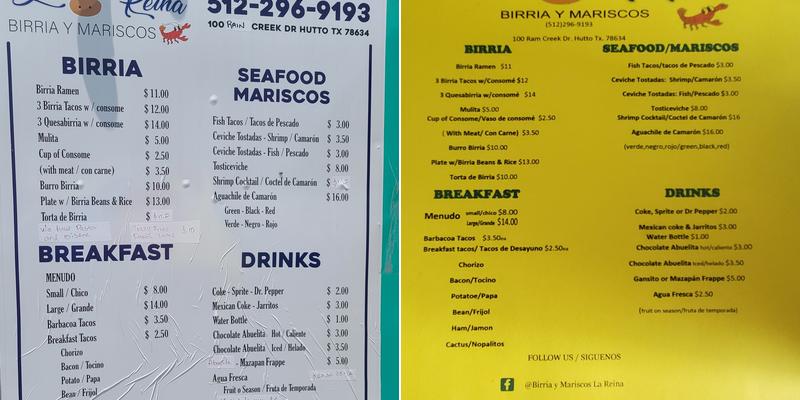 Birria y mariscos La Reina Menu