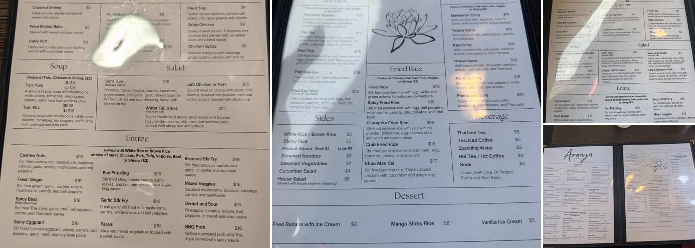 Aranya Thai Kitchen Menu