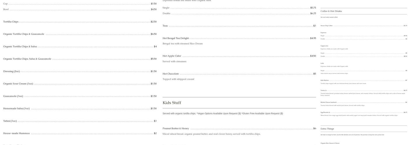 Tahoe Natural Cafe Menu