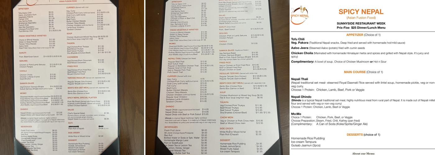 Spicy Nepal Menu