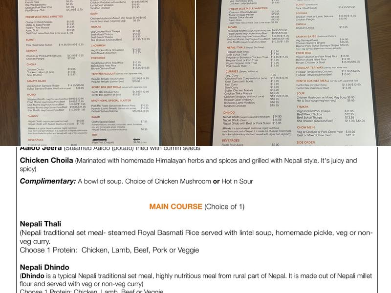 Spicy Nepal Menu