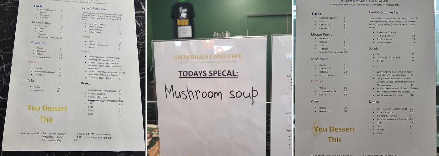 Krem Bakery and Cafe Menu