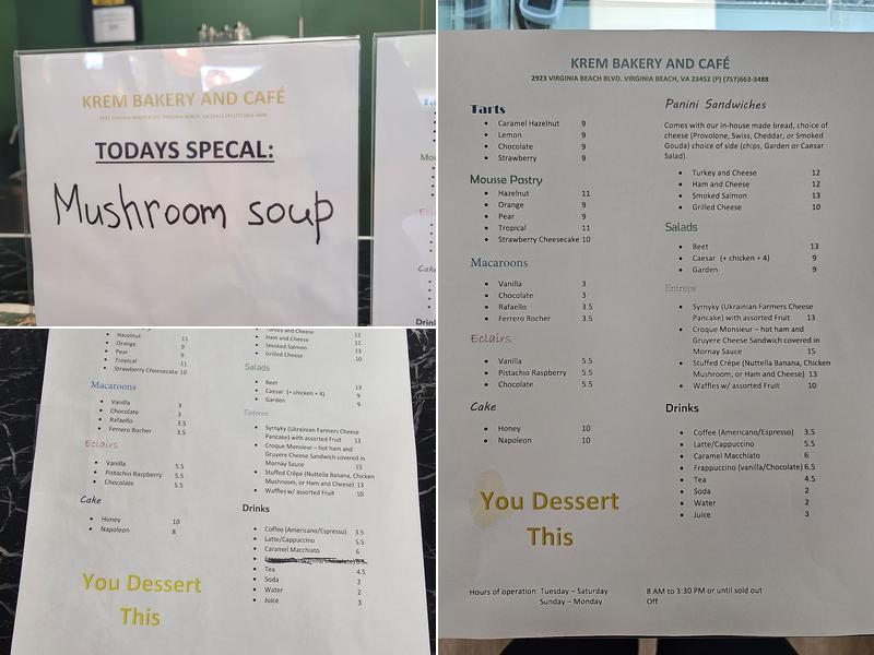 Krem Bakery and Cafe Menu