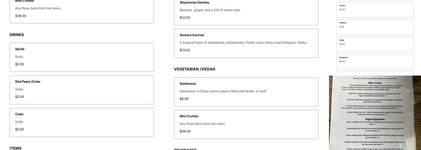 Zagwe's Restaurant, LLC Menu