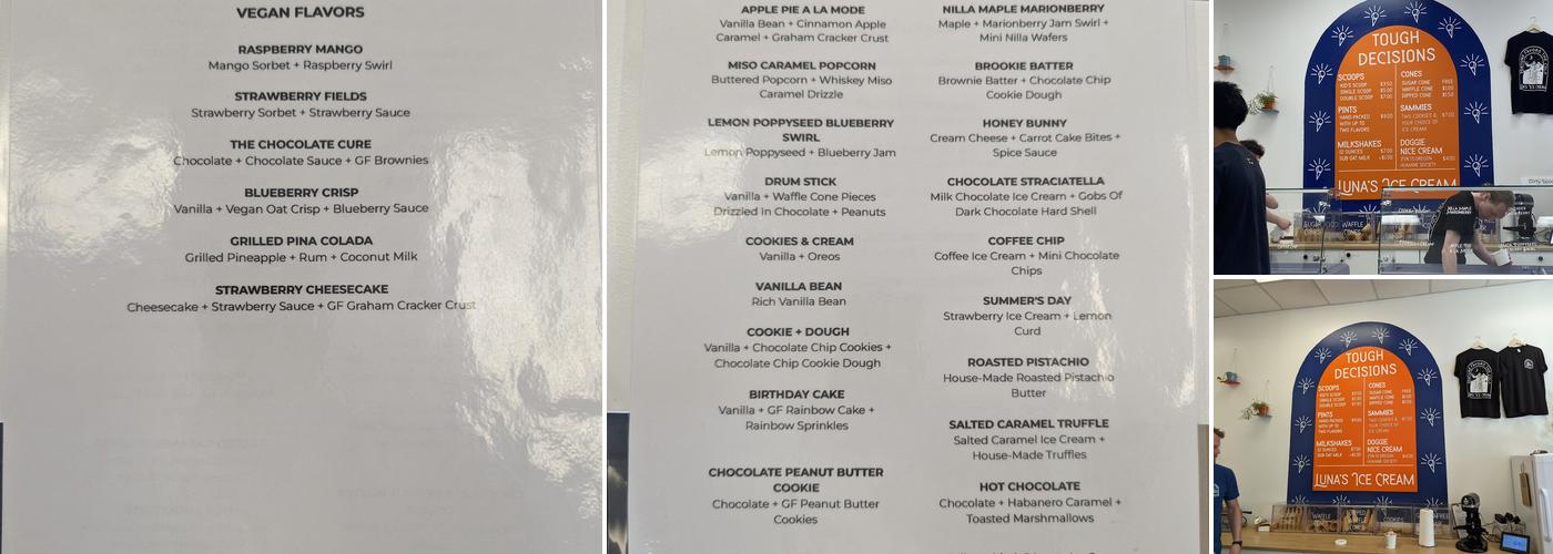 Luna's Ice Cream Menu