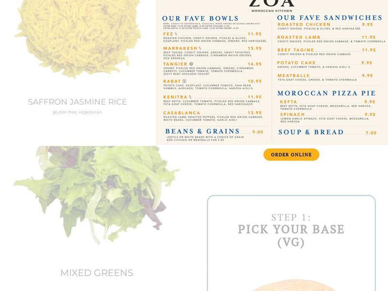 ZOA Moroccan Kitchen Menu