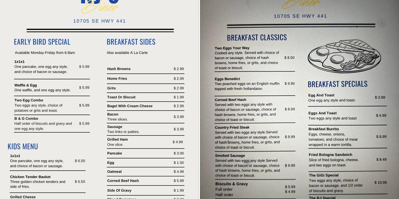 RJ's Diner Menu