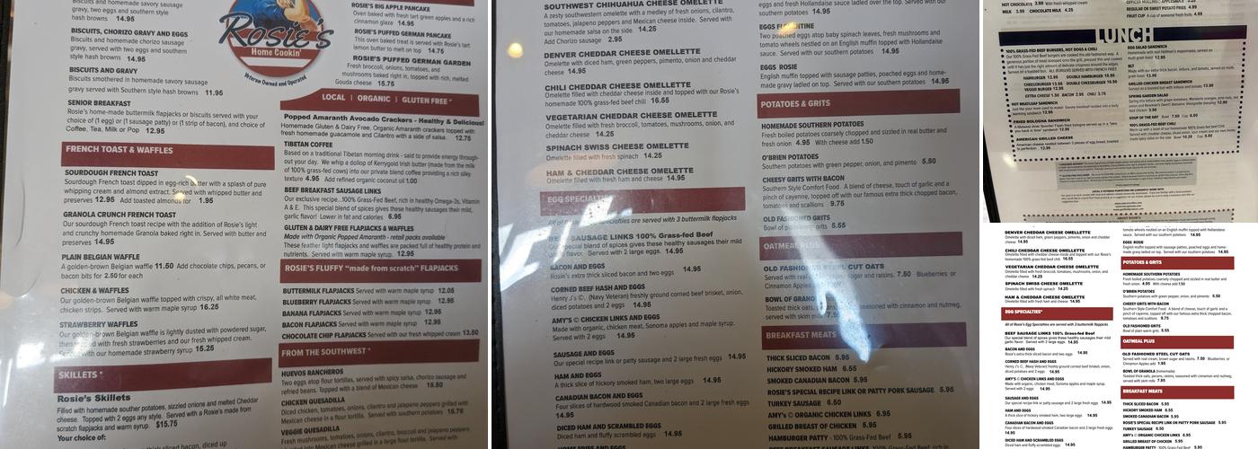 Rosie’s Home Cookin’ Menu