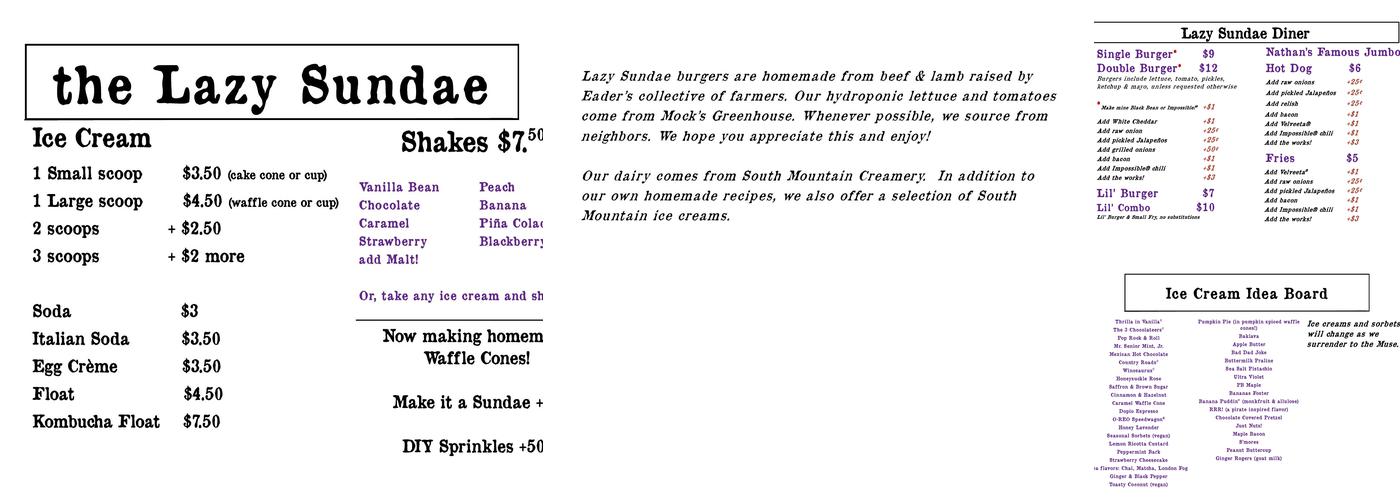 the Lazy Sundae Menu