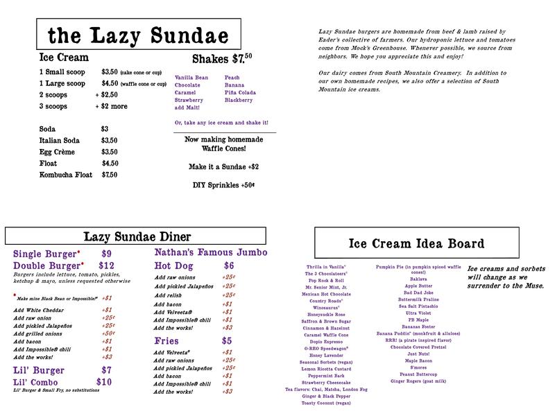 the Lazy Sundae Menu