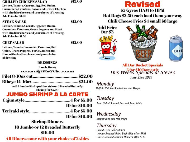 Steve’s Backroad bar & grill Menu