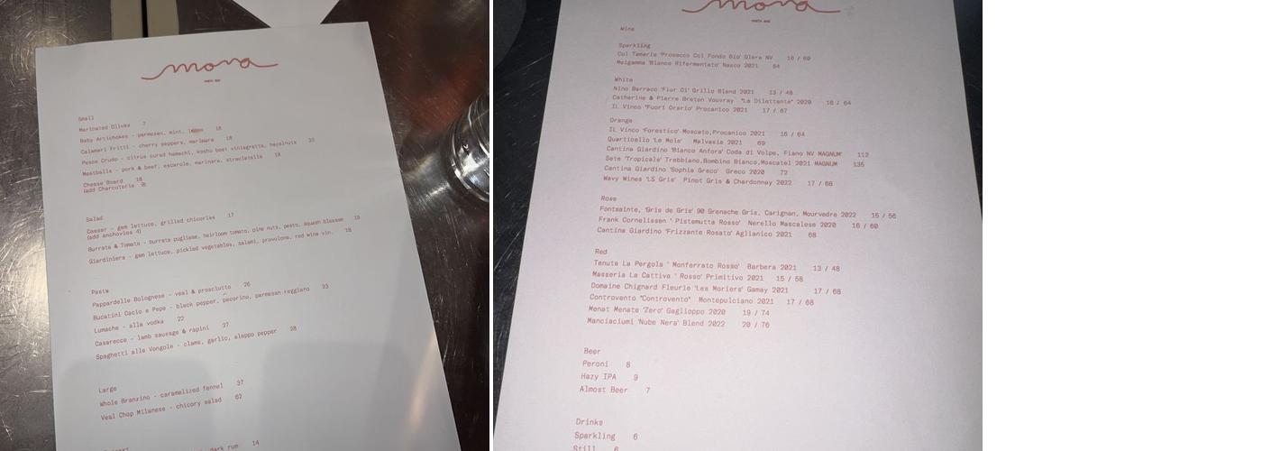 Mona Pasta Bar Menu