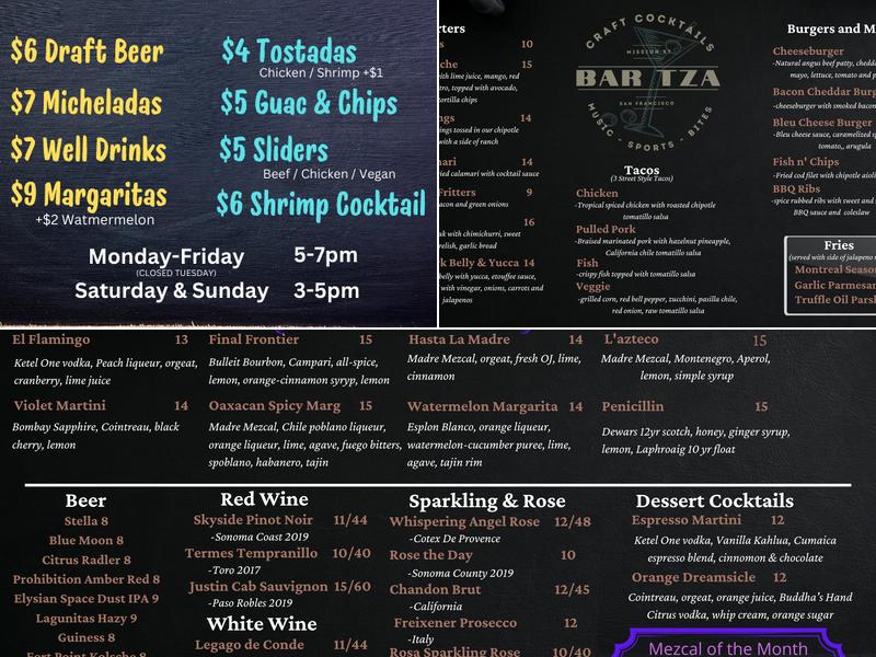 Bar TZA Menu