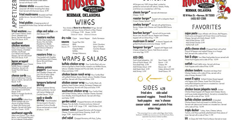 Roosters Sports Bar & Grill - Norman Menu