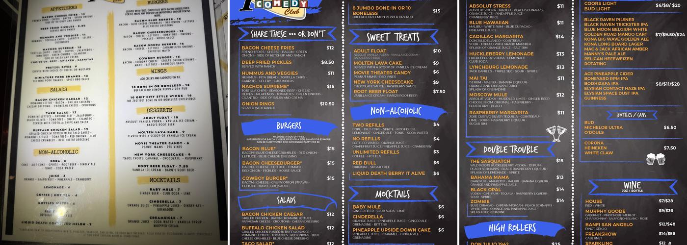 Tacoma Comedy Club - 6th and Proctor Menu